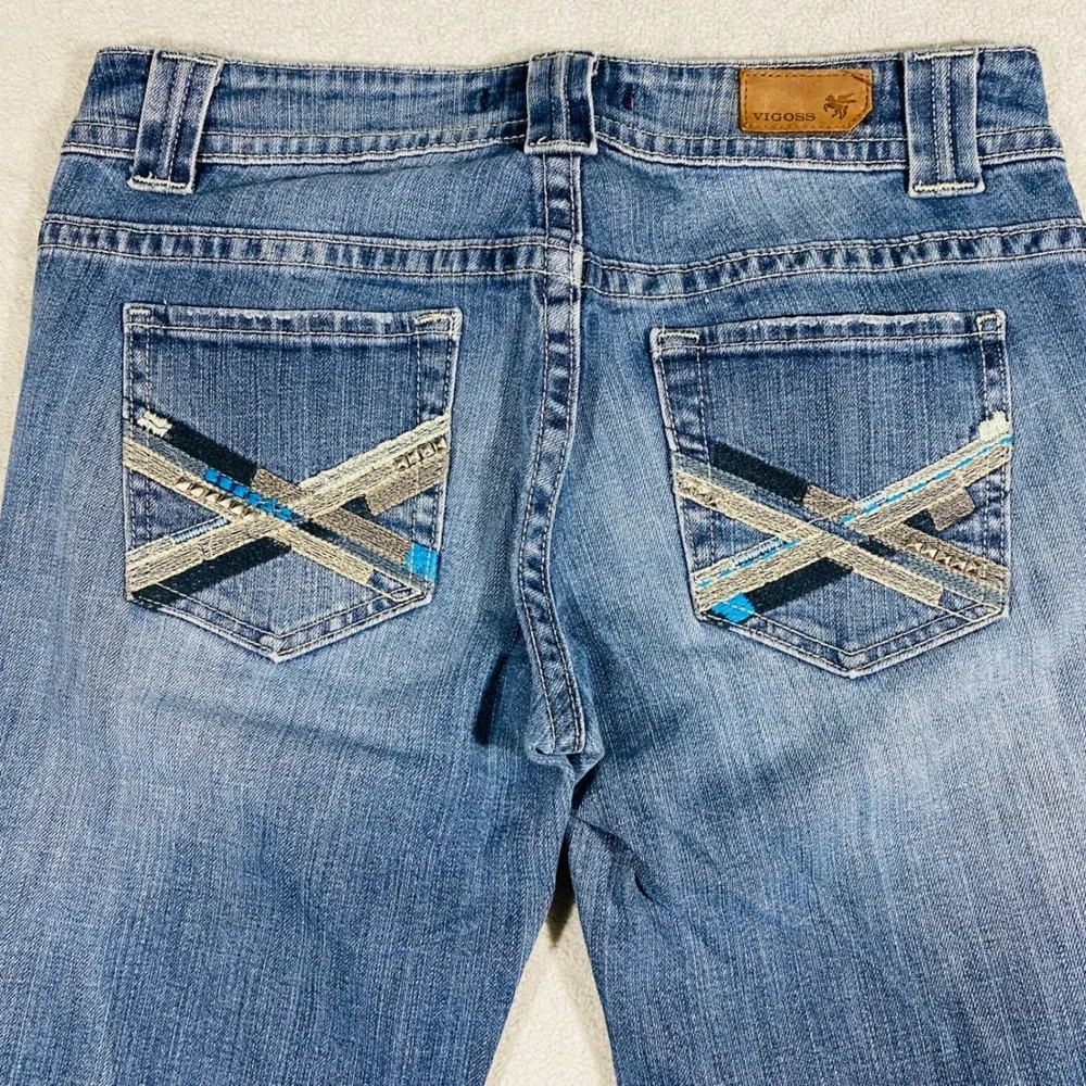 Vigoss Flare Jeans Women 9 Blue Distressed Paint Splatter Embroidered Low‎ Rise